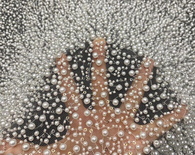 Premium Beaded French Lace Fabric - High-Quality full Beading for Bridal & Wedding Dress, Party, Gown, Prom, DIY Costume, 50"W by the Yard