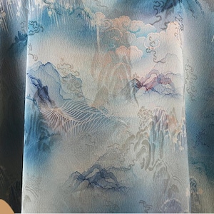 Tessuto di raso di seta da tè di montagna antica da 59" di larghezza, stampa digitale, tappezzeria, arredamento, costume, tenda, borsa, cucito, tendaggio, cheongsam/tessuto