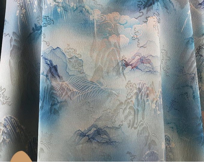 59"W Ancient mountain Tea silk satin fabric, Digital print, Upholstery, Decor, Costume, Curtain, bag, Sewing, drapery, cheongsam/Fabric