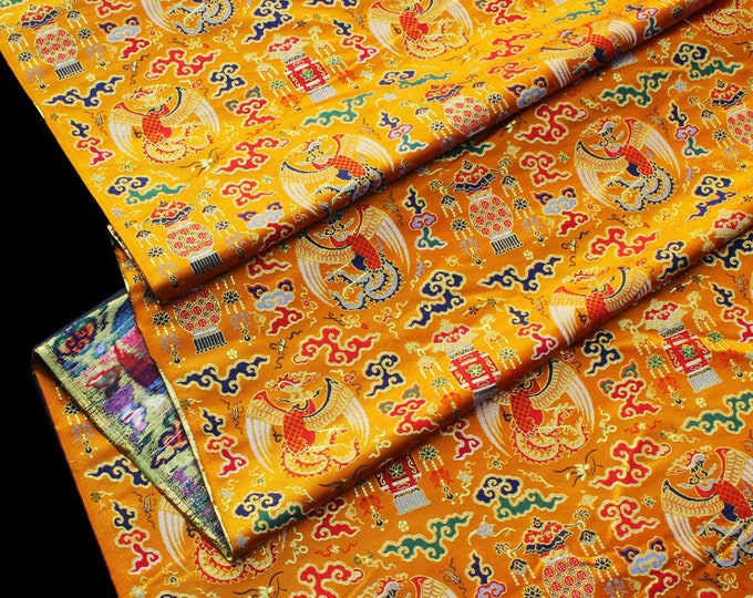 58“W Chinese Silk Brocade Fabric Peacock Lantern Home Decor, Table cloth, bed runner, pillow case, Cheongsam, Upholstery, Sewing Fabric