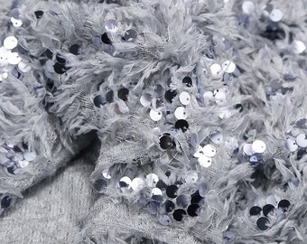 Feather fringed sequin lace embroidered fabric, tassel mesh Fabric, Dress, DIY, clothing, Sewing fabric, 57" W By 1 meter, garment fabric