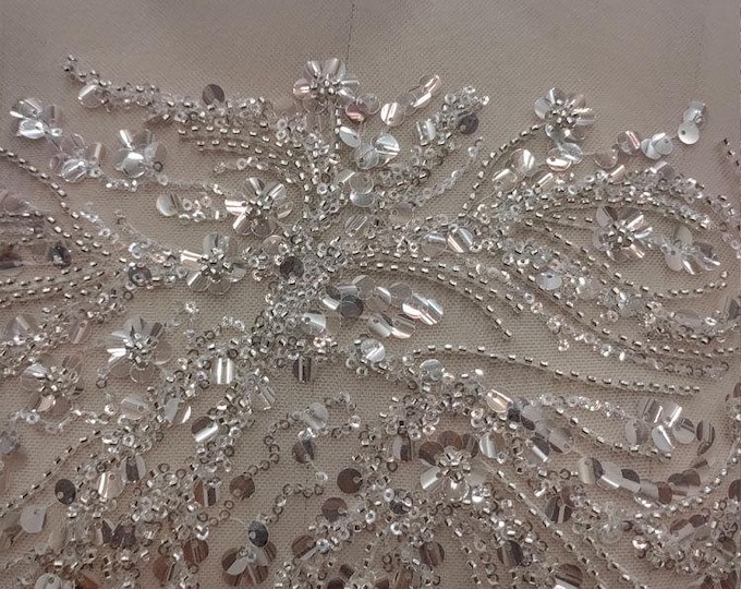 Lace fabric beaded silver sequins– Bridal Wedding Veil, accessory patch, wedding dress, headwear, shoes, Doll making, DIY, fabric accessory