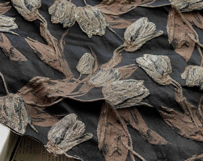 Reversible retro jacquard woven fabric, 3D gold thread tulip with embossed effect, Upholstery, Costume, Sewing DIY fabric, 63"W By 1 yard