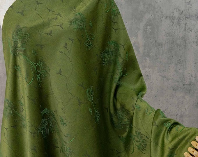 Dark Green Jacquard Fabric with Subtle Phoenix Pattern for Qipao Dressmaking, 54"Wide