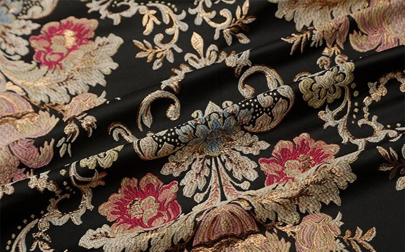 57W Retro Palace style brocade jacquard dress fabric, Damask Fabric, Deco Fabric, Sofa Fabric by the meter, Black, beige and Green image 7