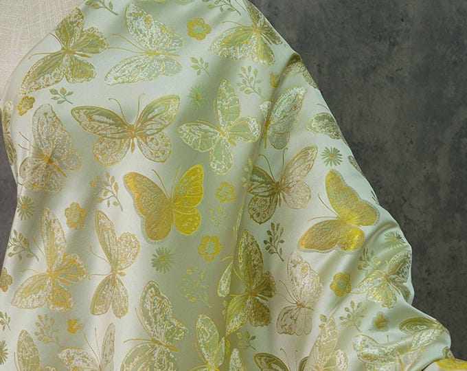 Gold thread butterfly Nishijin Fabric, Japanese Kimono butterfly brocade by the meter, 60“W, Upholstery, Decor, Costume, DIY/by the meter