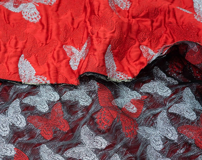 46"W Red Jacquard Butterfly Fabric, drapery, Upholstery, Decor, Costume, Curtain, Handbag, Sewing, Quilting/Fabric by the meter