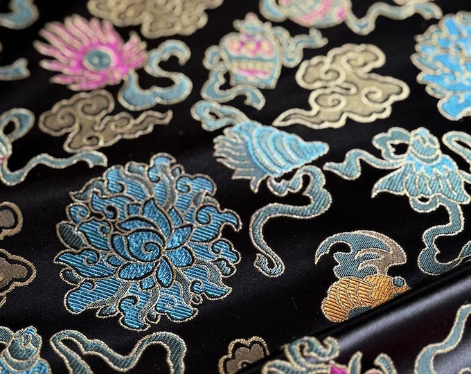 Black Brocade Jacquard Fabric: Gold Peony Floral Cloud - Oriental Dressmaking, Upholstery