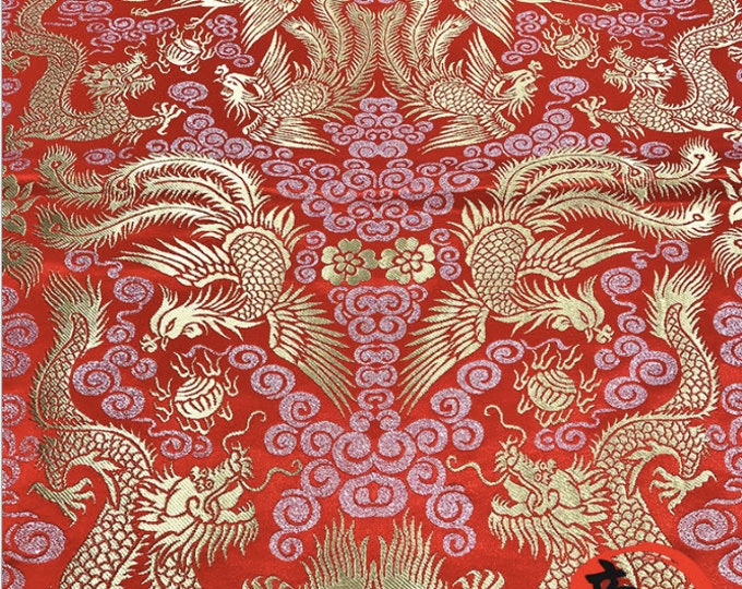 Gold Chinese Dragon & Phoenix Bird Multi Color Brocade Emperor robe, cheongsam, Traditional Wedding Fabric, Tibetan silk and satin 29"W