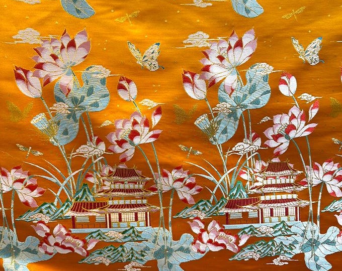 59"W Lotus silk Brocade, Tibetan robe, cheongsam, Upholstery, Decor, Costume, Curtain, Handbag, Sewing, drapery /Fabric by the meter, 4color