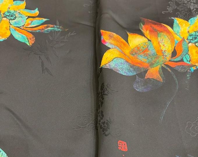 55"W black 40 Momme Mulberry silk fabric, five-color lotus, Upholstery, Decor, Costume, Curtain, bag, Sewing, drapery, DIY, doll/Fabric