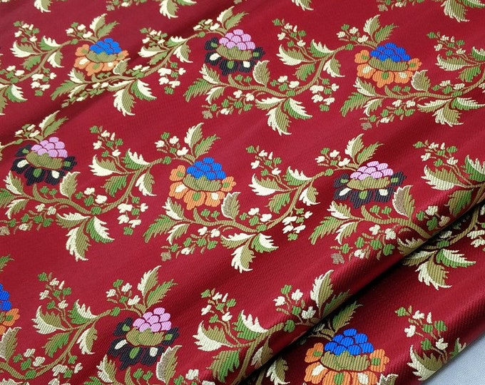 25% Silk Brocade Rayon Fabric With Small Floral Leaves| 16.99 Full Meter Price | 29" Wide | Red Chinese Brocade