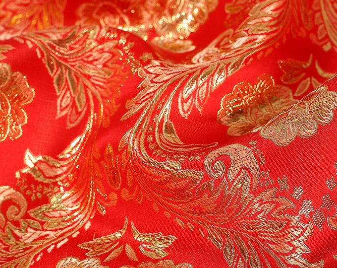 Red and Gold Chinese gold Phoenix tail Jacquard Satin Fabric, Chinese Wedding Dress Brocade Fabrics By The Meters, Home Decor Fabrics
