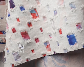 100% cotton, color grid holes of Jacquard Weave, 3D Denim Jean Cotton in a Thick Jacket Creation, 55&quot;, Upholstery, Quilting, Sewing, drapery