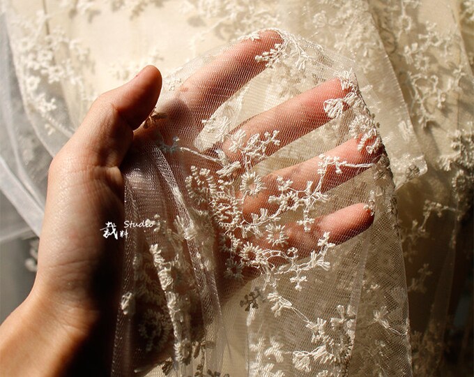 59"W French Cotton Art Fabric, see-through Embroidery flower Creative Fabric, Wedding, Prom, Designer Fabric, Decor, Dress, Doll Making, DIY