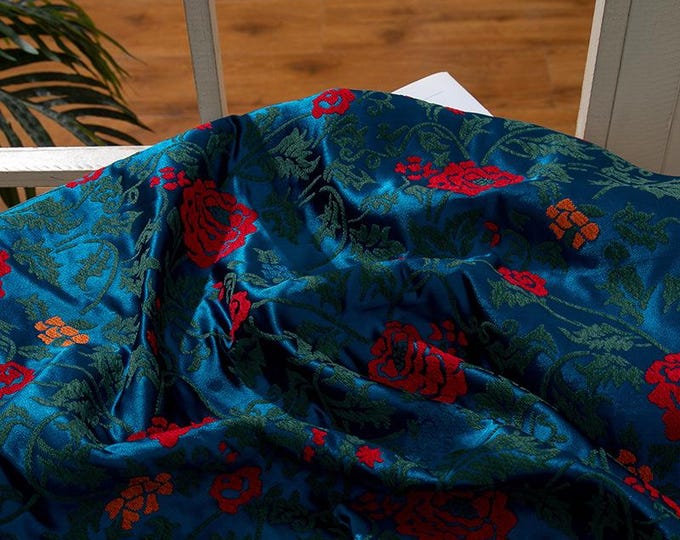 Dark Blue Zhang velvet satin Fabric, Rose pattern jacquard Traditional Japanese Wedding,  Upholstery, drapery/ fabric by 1 meter, 58“W