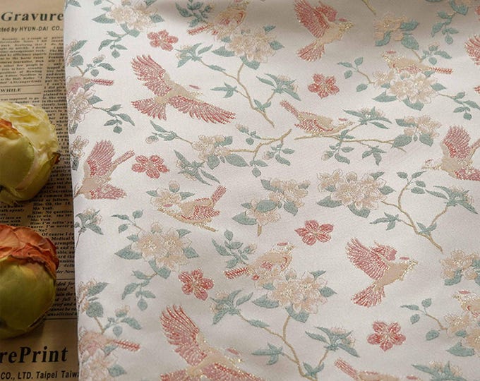 59"W Birds Fabric, Crane pattern Jacquard Satin Fabric, Brocade Fabrics By Meters, Decor, Upholstery, drapery, Quilting and Sewing /fabric