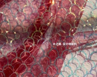 50“W Maroon fish scales Sequin Embroidered Mesh Fabric, wedding, Designer Fabric, High Quality, Prom Dress, Doll Making, Sewing fabric