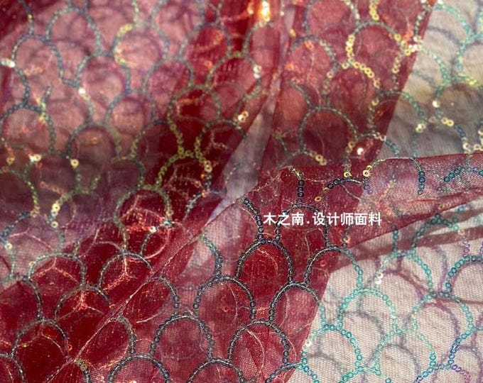 50“W Maroon fish scales Sequin Embroidered Mesh Fabric, wedding, Designer Fabric, High Quality, Prom Dress, Doll Making, Sewing fabric