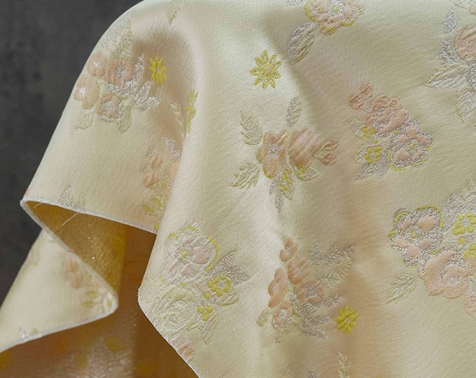 Woven Jacquard Fabric: Pink Yellow Embossed Upholstery, Costume, Handbag - 60"W