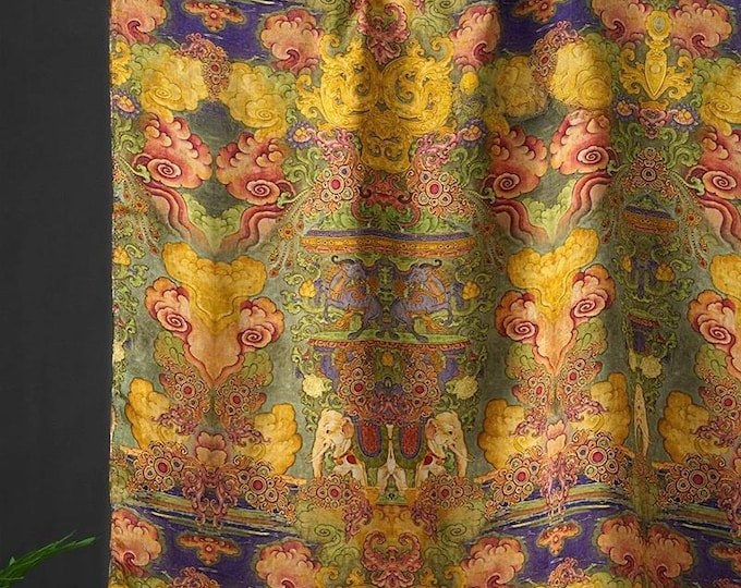 Gold shantung yarn fabric, thailand elephant pattern, 55“W, Upholstery, Decor, Costume, Curtain, bag, Sewing, Scarf /Fabric by the meter