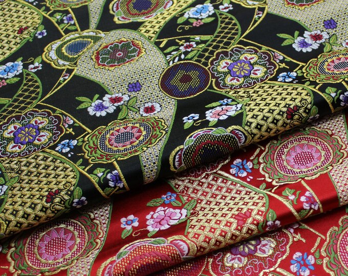 Nishijin Japanese Fabric, Modern Japanese Floral Jacquard silk brocade by meter, 29.5” Width, Black and Red On SALE