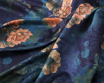 59"W Ancient beige lotus Tea silk satin fabric, 3 colors, Upholstery, Decor, Costume, Curtain, bag, Sewing, drapery, DIY, quilting/Fabric