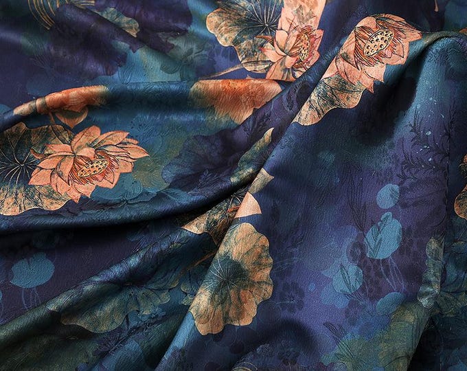 59"W Ancient beige lotus Tea silk satin fabric, 3 colors, Upholstery, Decor, Costume, Curtain, bag, Sewing, drapery, DIY, quilting/Fabric