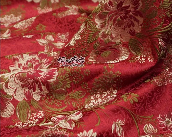 29"W Silk Brocade Fabric Peony Flower Design, Maroon Wedding Fabric, Upholstery, Decor, Costume, Curtain, bag, Sewing/Fabric by the meter