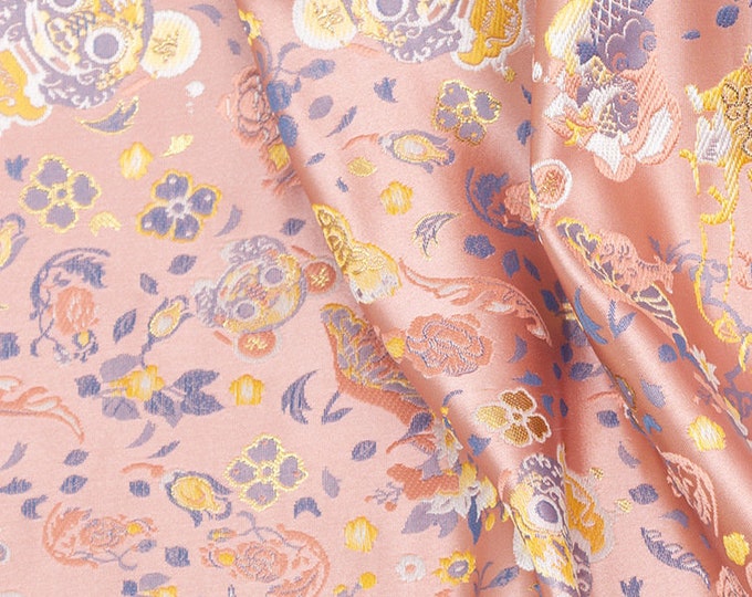 59” Width Chinese Brocade Fabric, pink and gold tiger Jacquard silk brocade by meter, Upholstery, Quilting, Sewing, DIY/ fabric on SALE