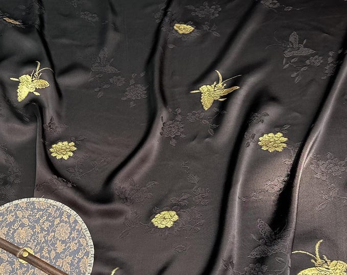 Two Sides 100% rayon Jacquard Damask Fabric, 59“Wide gold butterfly, Upholstery, Decor, Costume, bag, Sewing, quilting/Fabric by the meter