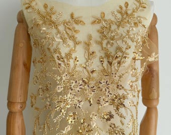 Elegant Gold Multicolor Beaded Sequin Lace Fabric for Wedding Dresses & Special Occasion Gowns