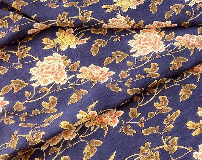 Tencel Ramie Printed Fabric, Foil Peony pattern, Sewing Fabric, Dress, Shawl, decor, Upholstery, Costume, bag, DIY, curtain/fabric, by meter