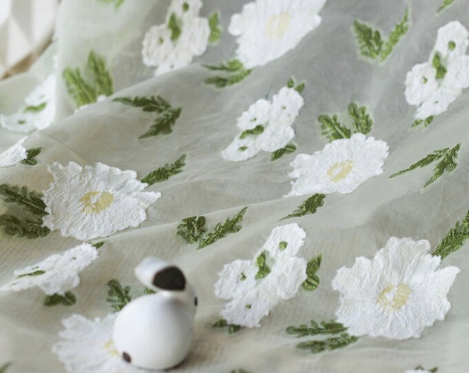 55“W embossed flowers embroidery Fabric, 3D silk chiffon, curtain, dress, Doll Making, Upholstery, Decor, Costume/Fabric by the meter