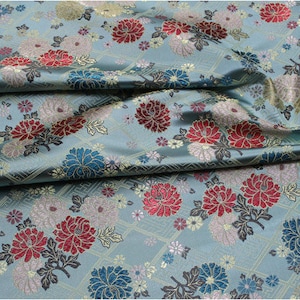 Japanese Fabric, Modern Japanese Floral Jacquard silk brocade by the meter, 29.5 Width, 5 colors On SALE Blue