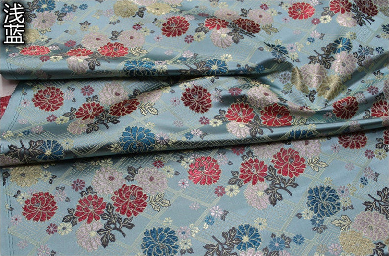 Japanese Fabric, Modern Japanese Floral Jacquard silk brocade by the meter, 29.5 Width, 5 colors On SALE Blue