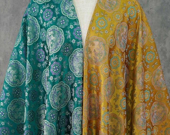 Tibetan Brocade Fabric by the Yard | Rayon Satin with Lotus Flower Embroidery | 58" Wide