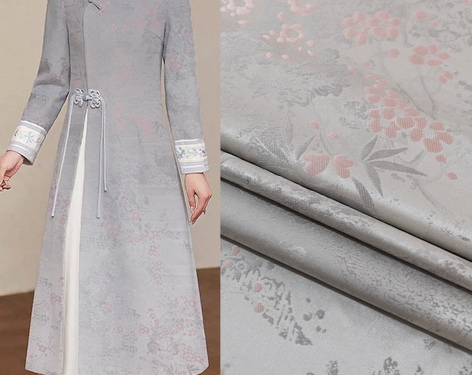 59"W Chinese Silk brocade woven damask fabric cheongsam cushion Plum blossom pattern on SALE silver with pink, Tapestry brocade