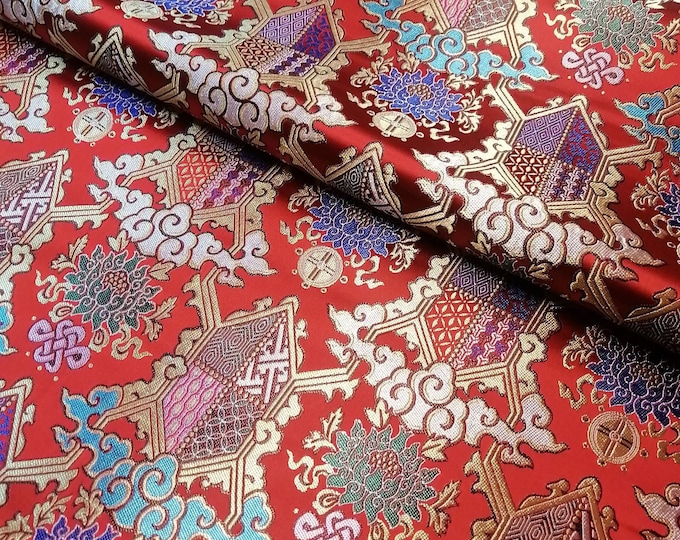 29.5"W Chinese Buddhism Lotus Tibetan Damask, Silk Brocade Fabric, Upholstery, Decor, Costume, Curtain, Handbag, Sewing/Fabric by the meter