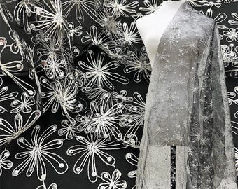 50“W Sequined floral bead embroidery, dress bag lace mesh fabric lace, Prom, Wedding, Doll Making, Sewing, DIY, Costume/ fabric
