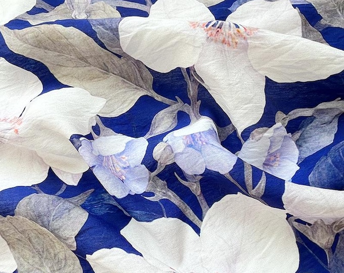 Tencel Ramie Printed Fabric, Magnolia flower, Sewing Fabric, Dress, Shawl, decor, Upholstery, Costume, bag, DIY, curtain/fabric, by meter