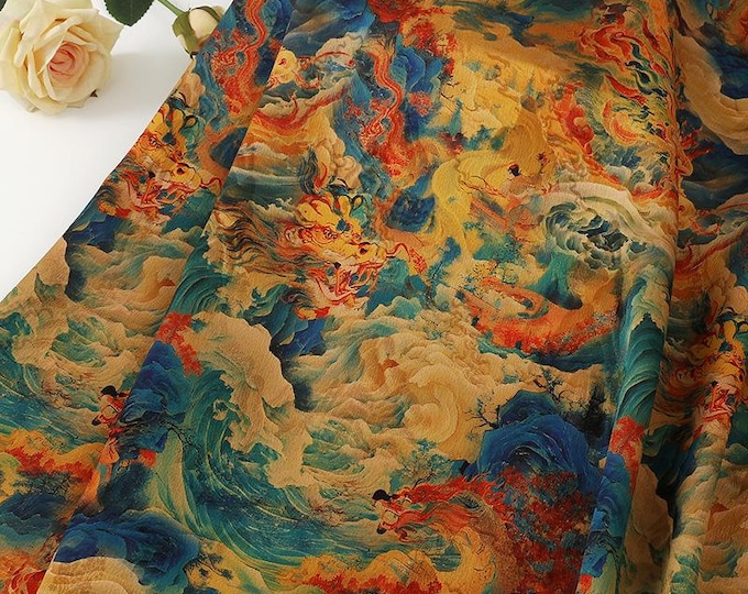 59"W ancient paintings Tea silk satin fabric, Digital print, 5 colors, Upholstery, Decor, Costume, Curtain, bag, Sewing, drapery, DIY/Fabric