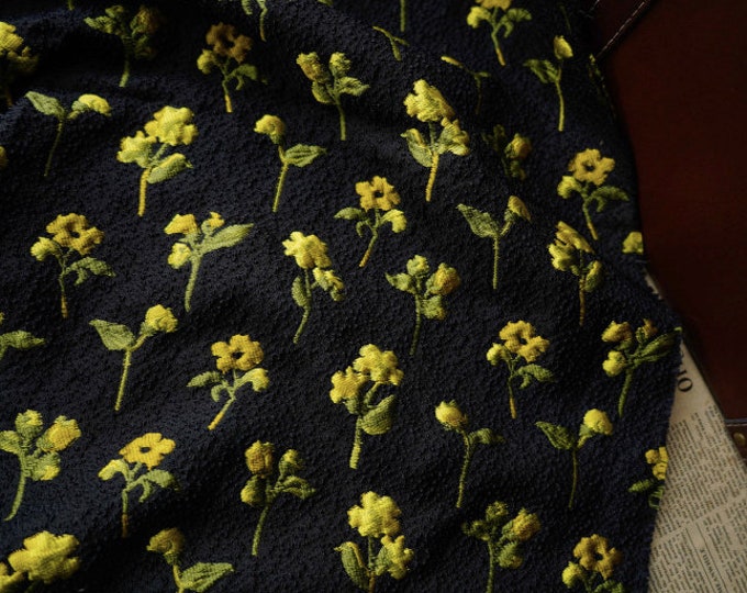 Yellow flower Black 3D Jacquard fabric, designer fabric, Upholstery, Prom dress and Sewing fabric, Upholstery, Decor, 55"W By 1 Meter, SALE