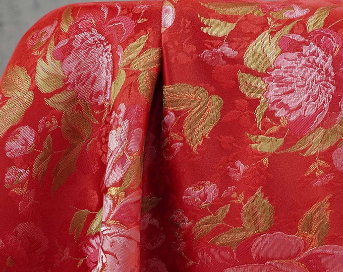 Red Peony Brocade Fabric: Gold Thread Jacquard, 64" Wide
