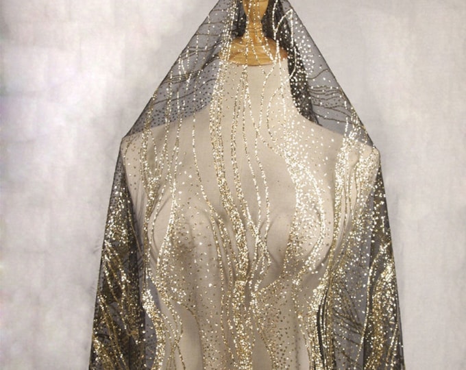 55"W Glitter Mesh Fabric, Glitter Lace on Tulle for Gowns, Bridal Lace, Silver Geometric Lace for veil, Sparkly Lace Fabric by yard, 4colors