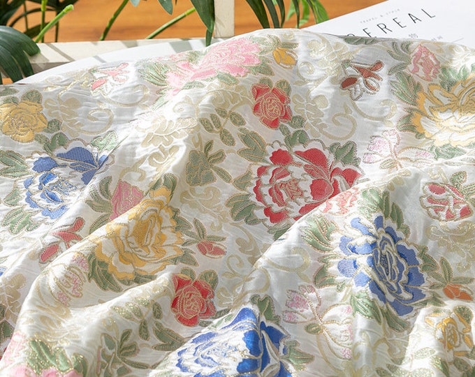 59"W Golden Sword Flower Jacquard Tang Pattern Silk Brocade, Upholstery, Quilting, drapery, Decor, Curtain, Handbag, Sewing, DIY/ fabric