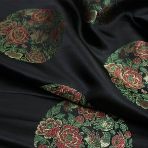 BLACK Floral Brocade Chinese Satin Fabric by the Meter on SALE 35.5" W - Clearance