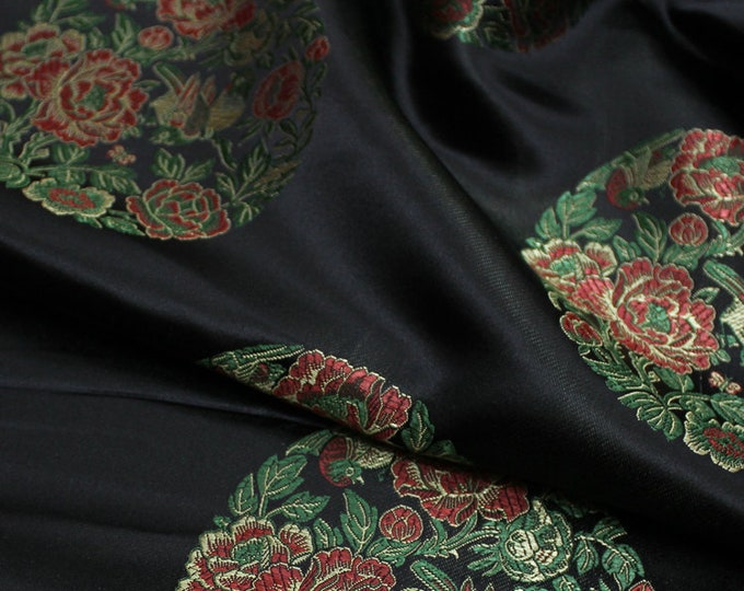 BLACK Floral Brocade Chinese Satin Fabric by the Meter on SALE 35.5" W - Clearance