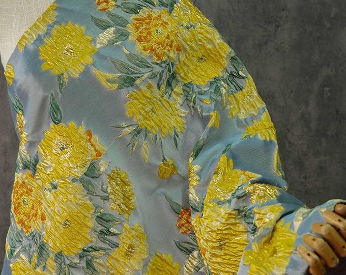 Gold thread yellow Jacquard fabric, Gold foil peony pattern, Upholstery, drapery, Quilting and Sewing fabric, 54"W By one Meter