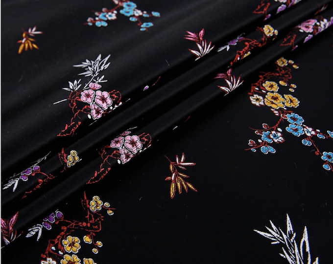 29"W Black chinese plum blossom silk brocade fabric multicolors cheongsam Qipao brocade fabric by the meter, Upholstery and Sewing fabric